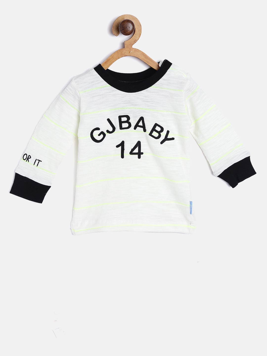

Gini and Jony Boys Off-White Striped Round Neck T-shirt with Applique Detail