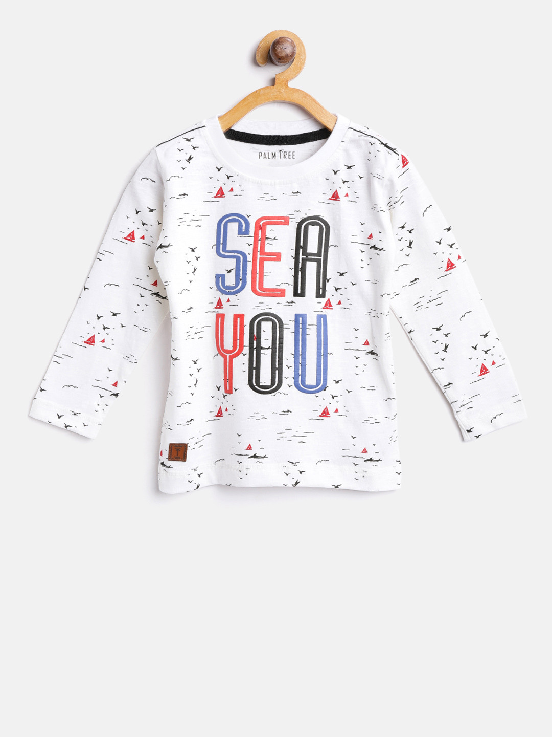 

Palm Tree Boys White & Black Printed Round Neck T-shirt, Off white