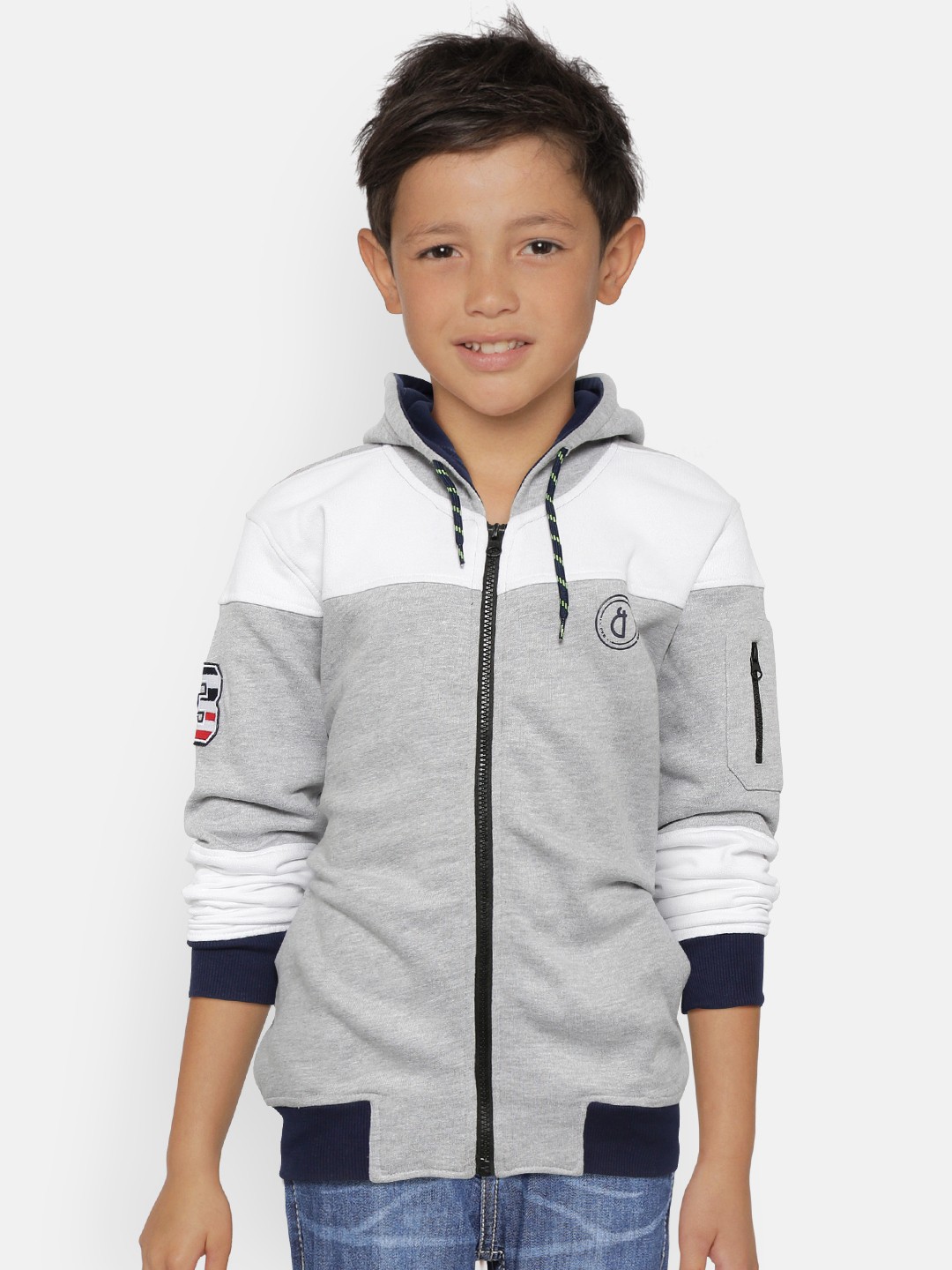 

Gini and Jony Boys Grey Melange & White Colourblocked Hooded Sweatshirt