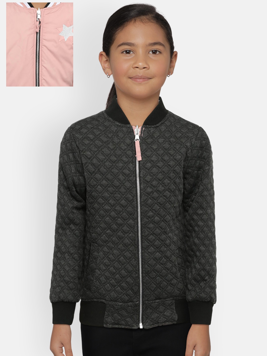 

Gini and Jony Girls Pink & Grey Reversible Solid Bomber