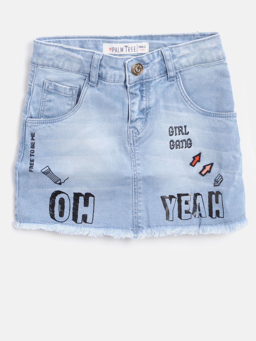 

Palm Tree Girls Blue Printed Denim Pencil Skirt with Applique Detail