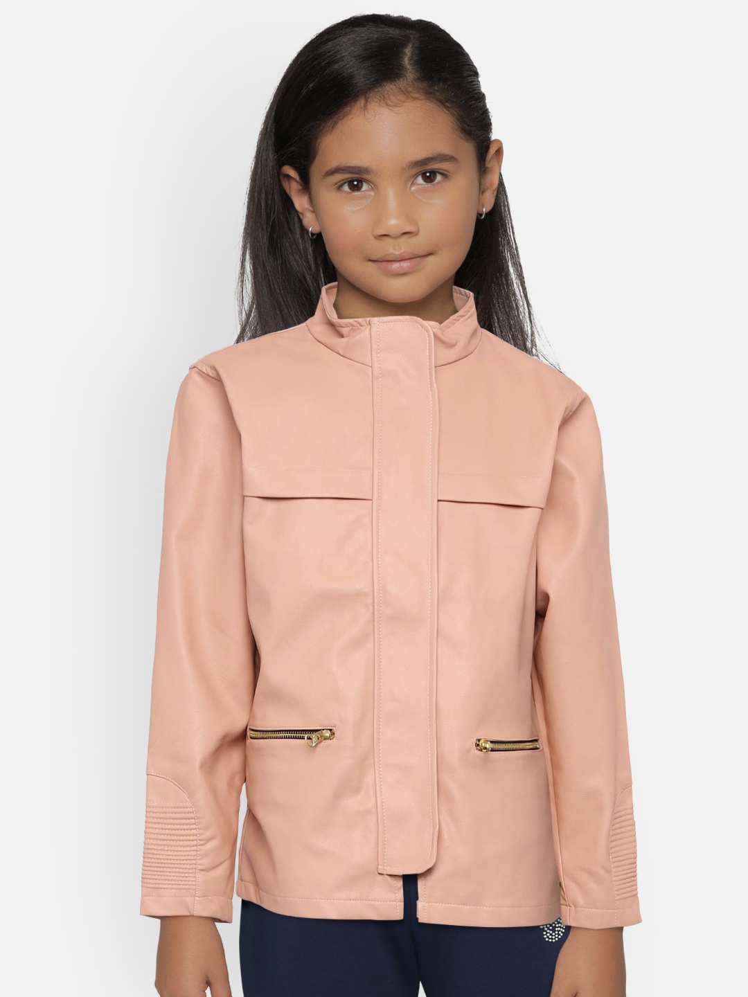 

Gini and Jony Girls Peach-Coloured Solid Leather Jacket