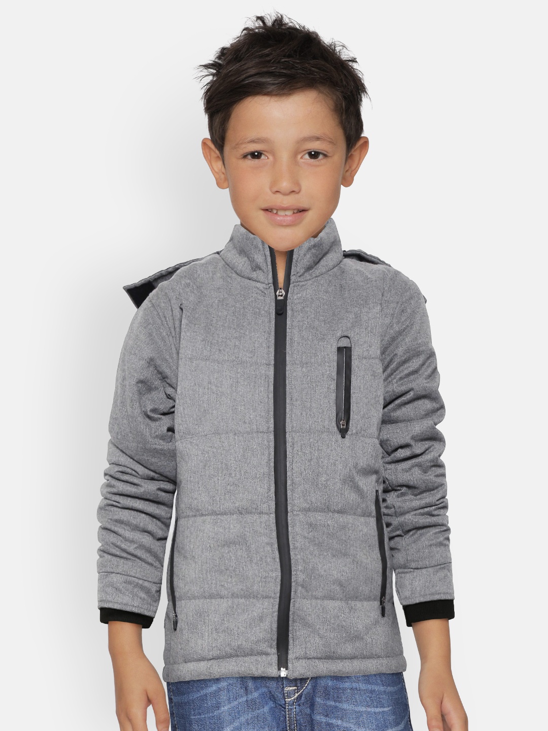 

Gini and Jony Boys Grey Solid Hooded Padded Jacket