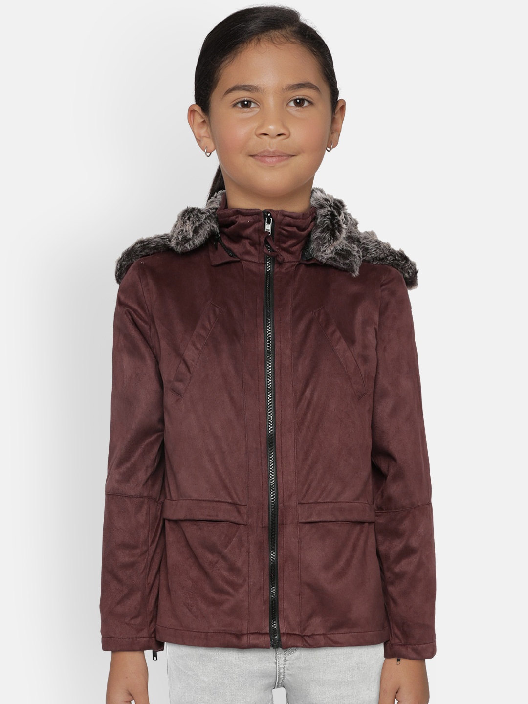 

Gini and Jony Girls Maroon Solid Open Front Jacket