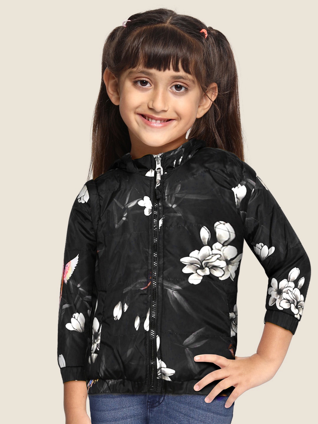 

Gini and Jony Palm Tree Girls Black & Grey Printed Hooded Reversible Bomber Jacket
