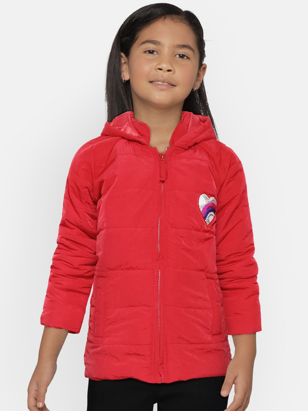 

Gini and Jony Girls Red Solid Hooded Padded Jacket