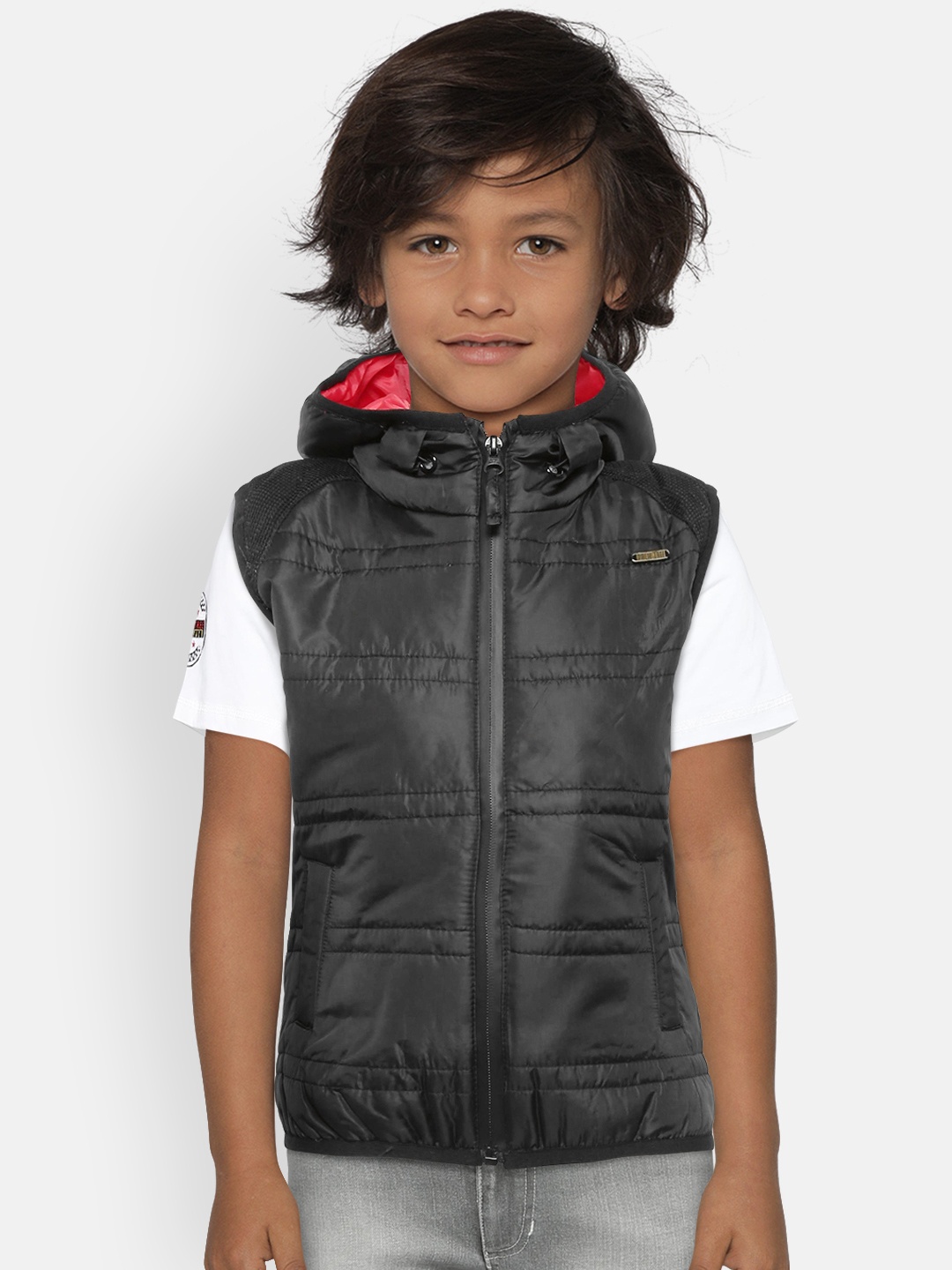 

Gini and Jony Palm Tree Boys Black Solid Sleeveless Padded Jacket