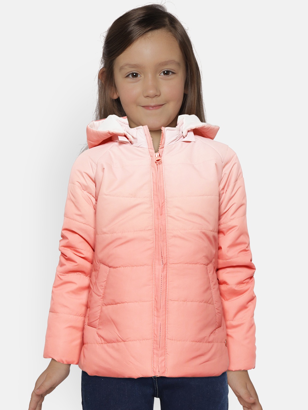 

Gini and Jony Girls Peach-Coloured Ombre Tie & Dye Padded Jacket with Detachable Hood