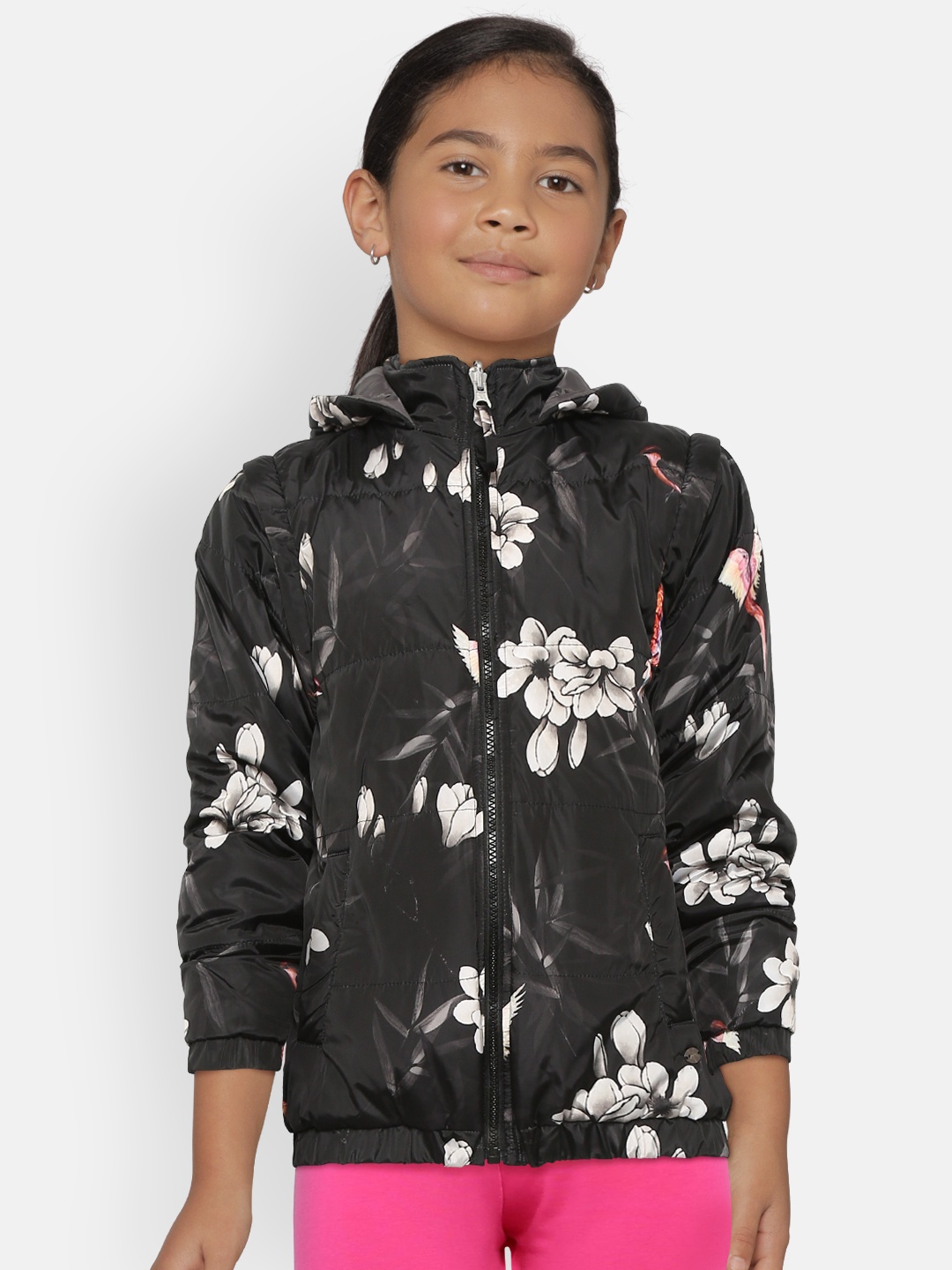 

Gini and Jony Girls Black & Grey Printed Hooded Reversible Padded Jacket