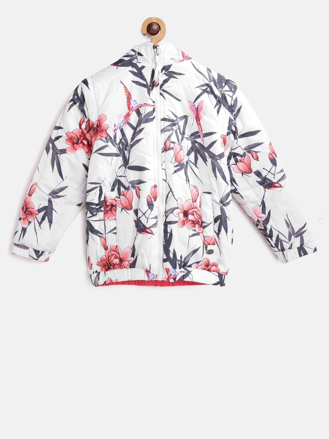 

Gini and Jony Girls White & Pink Printed Hooded Reversible Padded Jacket