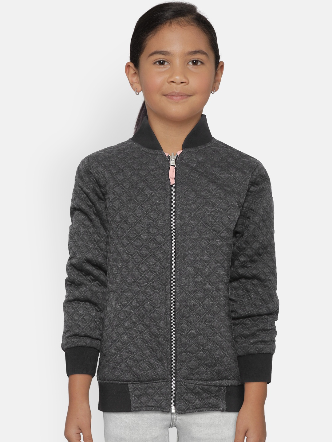 

Gini and Jony Girls Charcoal Grey & Dusty Pink Solid Reversible Bomber Jacket