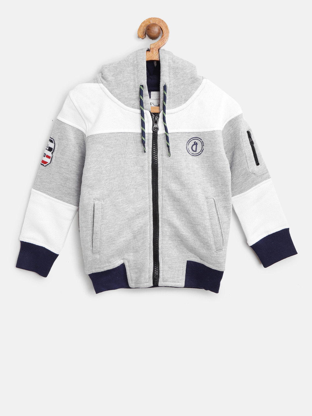 

Gini and Jony Boys Grey Melange & White Colourblocked Hooded Sweatshirt