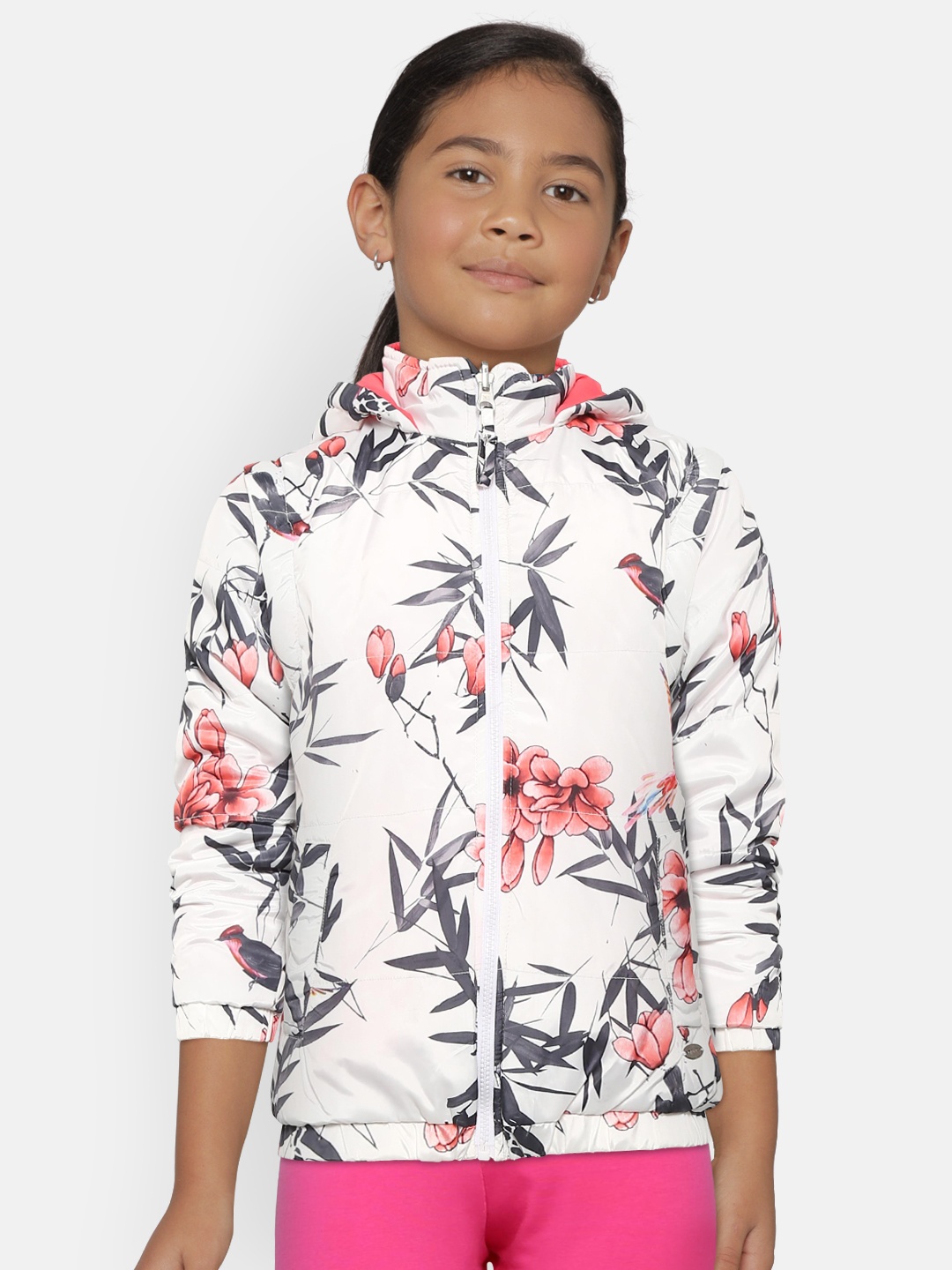 

Gini and Jony by Palm Tree Girls Coral Pink Printed Hooded Reversible Padded Jacket