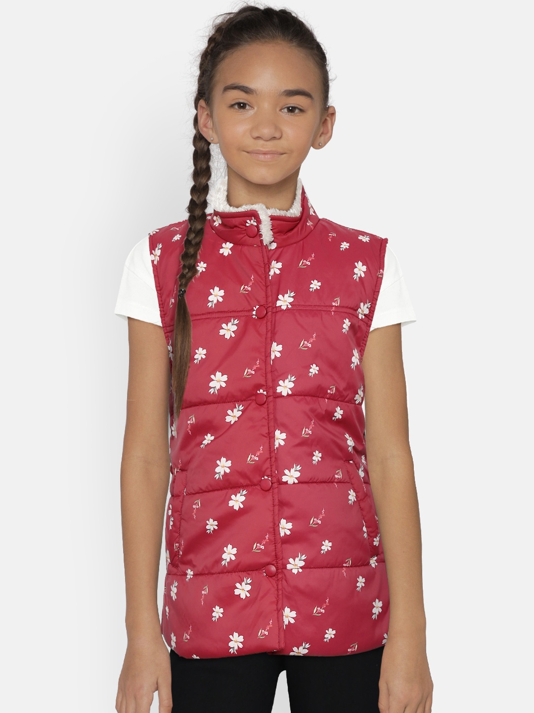 

Gini and Jony Palm Tree Girls Maroon & White Sleeveless Printed Padded Jacket