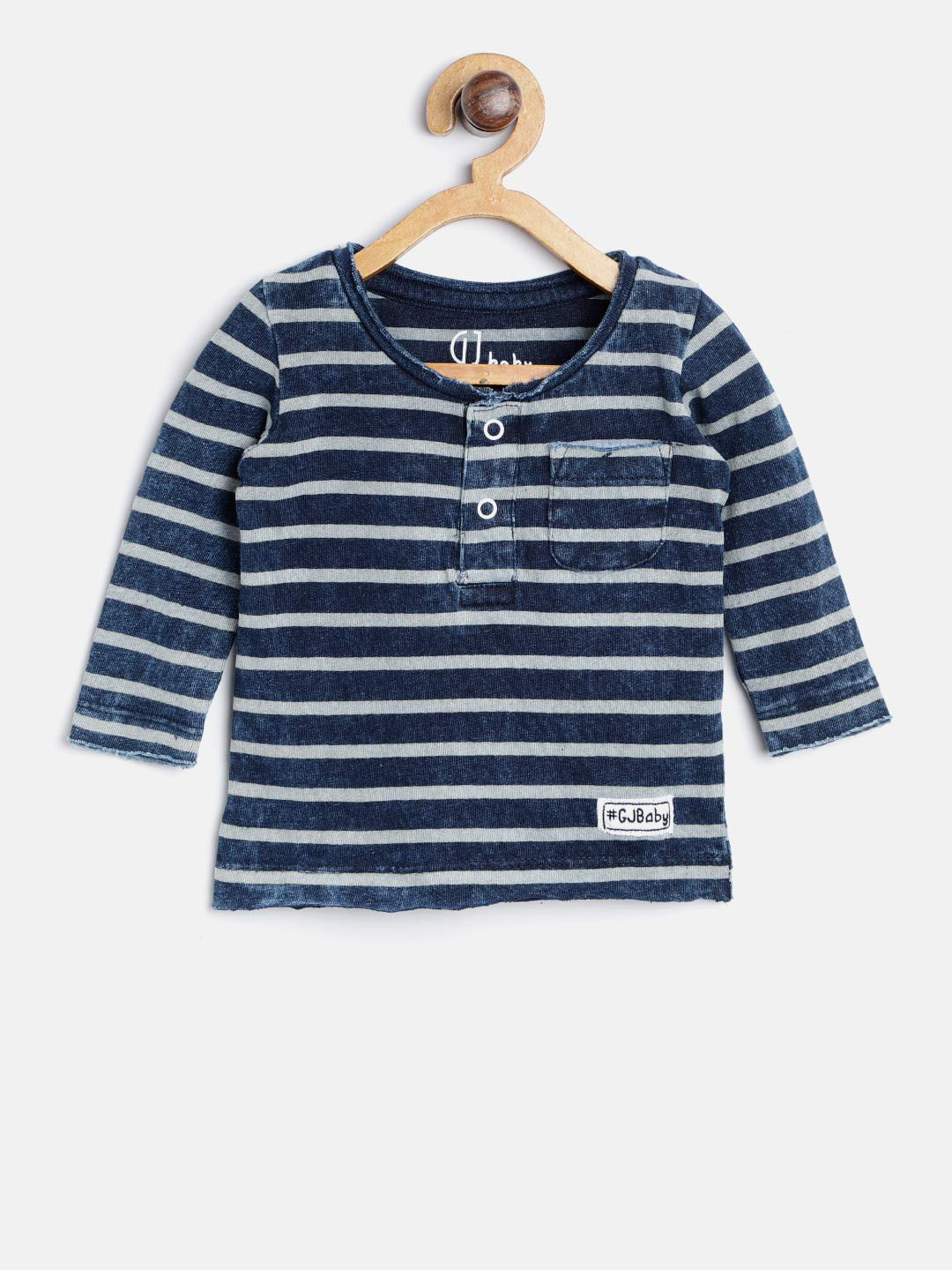 

Gini and Jony Boys Navy Blue & Grey Striped Henley Neck T-shirt
