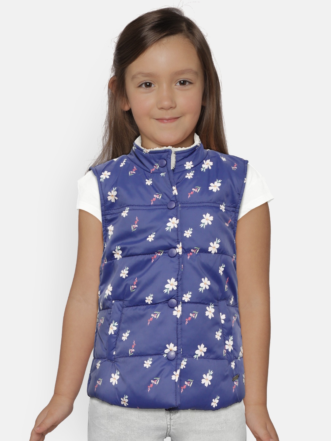 

Gini and Jony Palm Tree Girls Blue & White Sleeveless Printed Padded Jacket