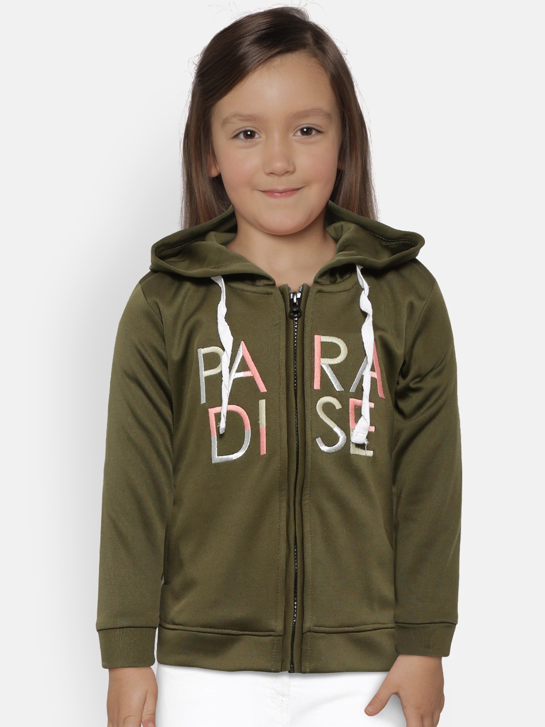 

Gini and Jony Palm Tree Girls Olive Green Embroidered Hooded Front-Open Sweatshirt