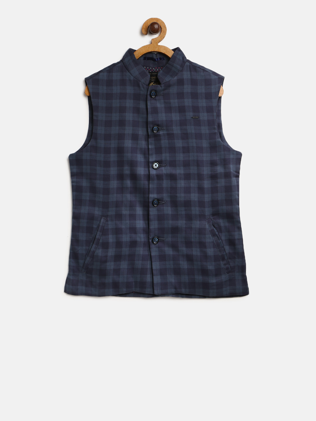 

Gini and Jony Boys Navy Blue Checked Pure Cotton Nehru Jacket