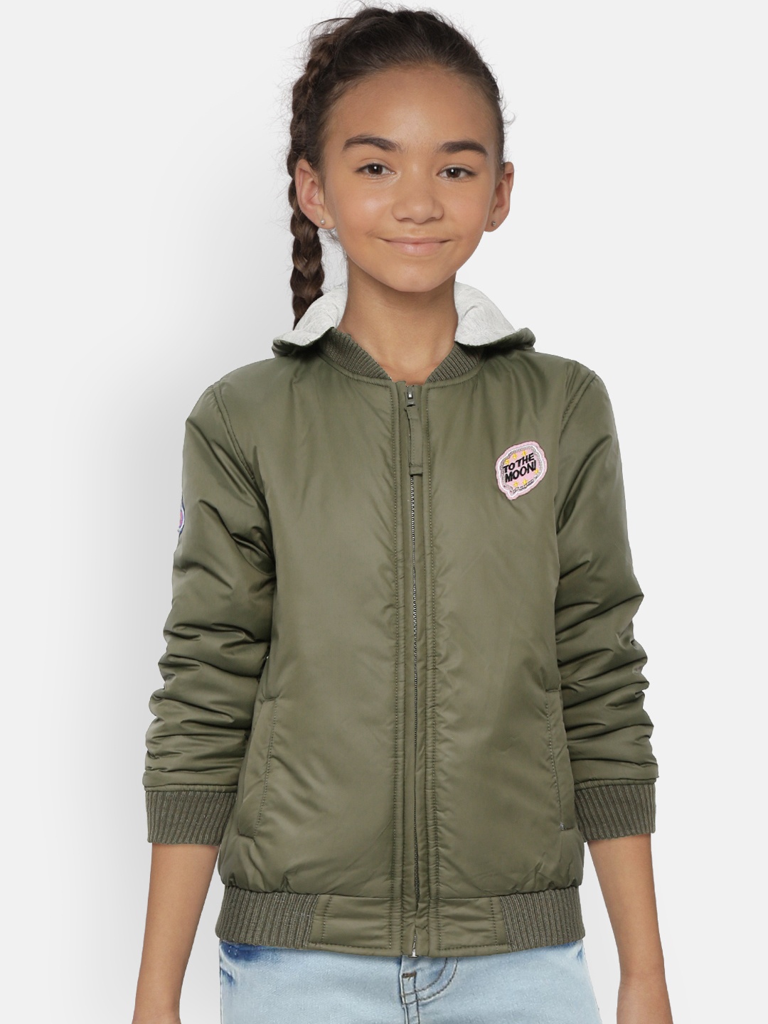 

Gini and Jony by Palm Tree Girls Olive Green Solid Bomber Jacket with Detachable Hood