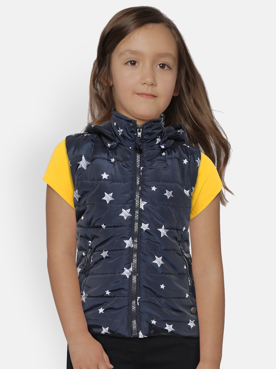 

Gini and Jony Girls Navy Blue & Grey Printed Padded Jacket with Detachable Hood
