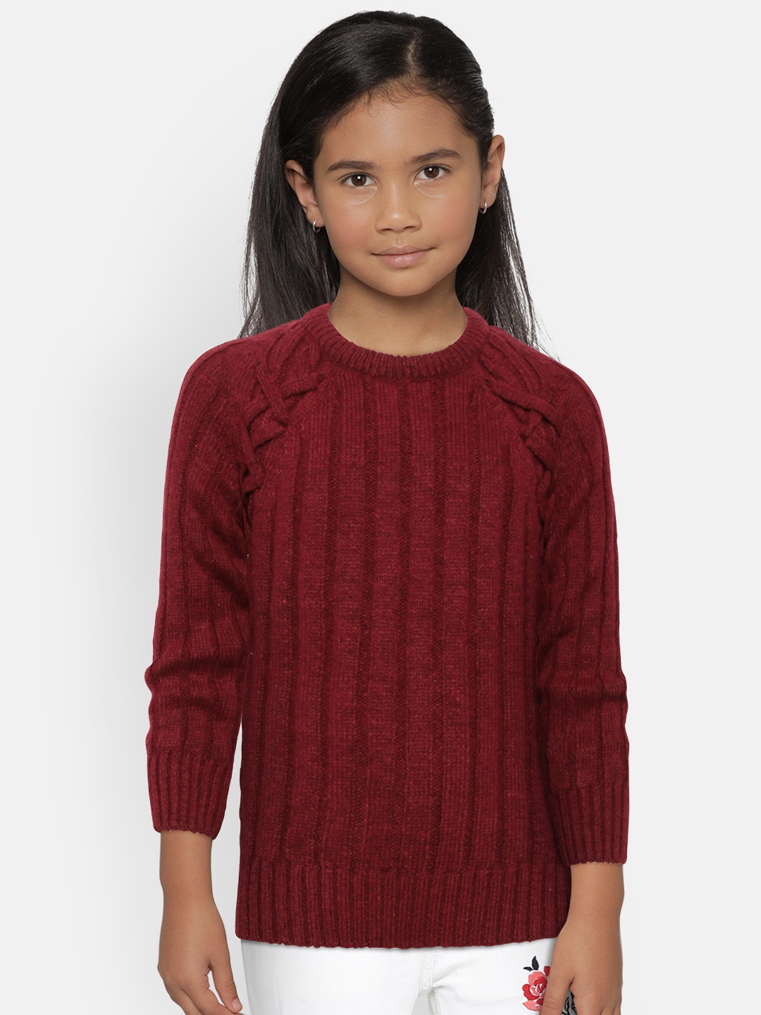 

Gini and Jony Girls Maroon Self-Striped Sweater