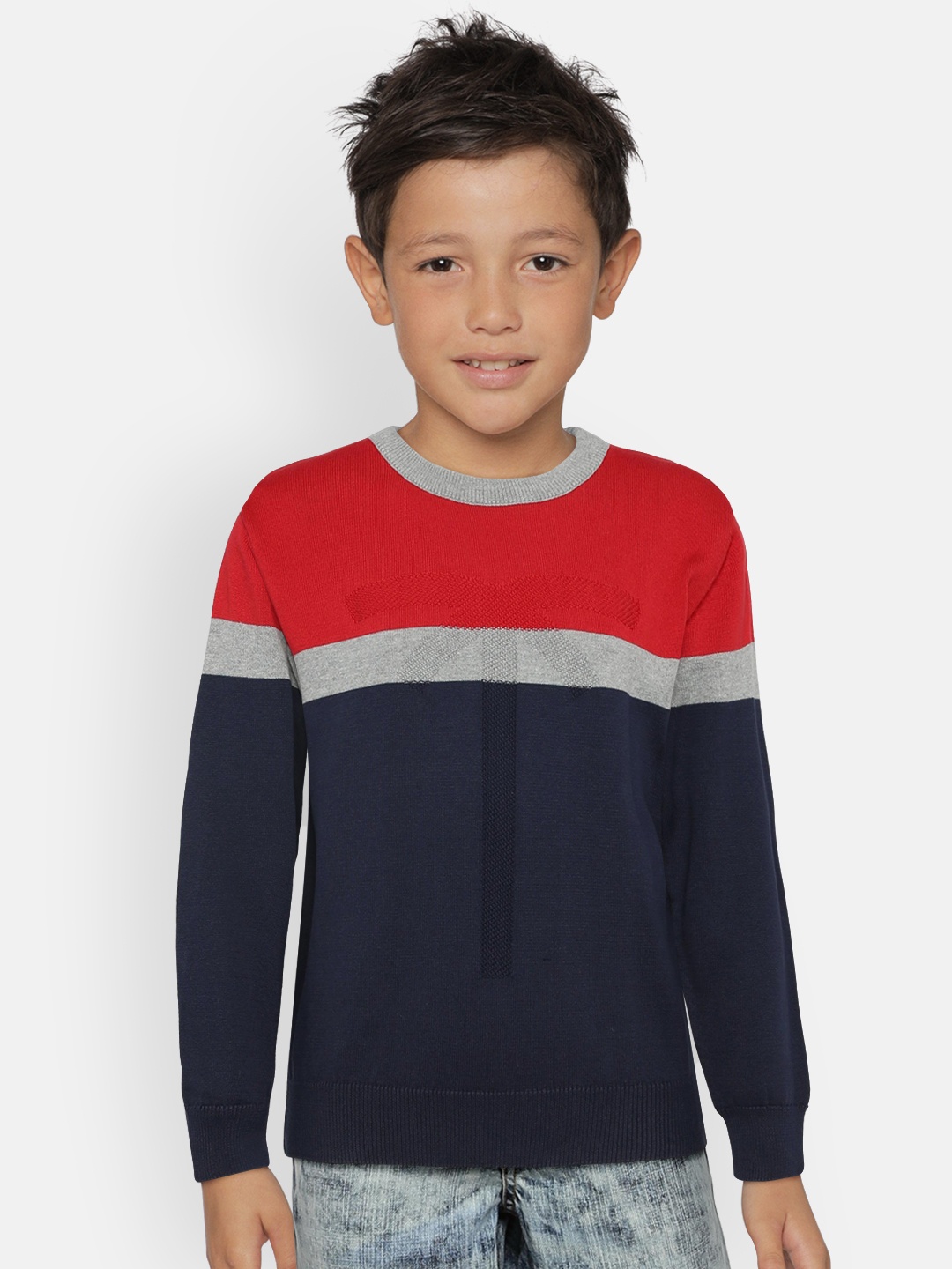 

Palm Tree Boys Red & Navy Blue Colourblocked Sweater