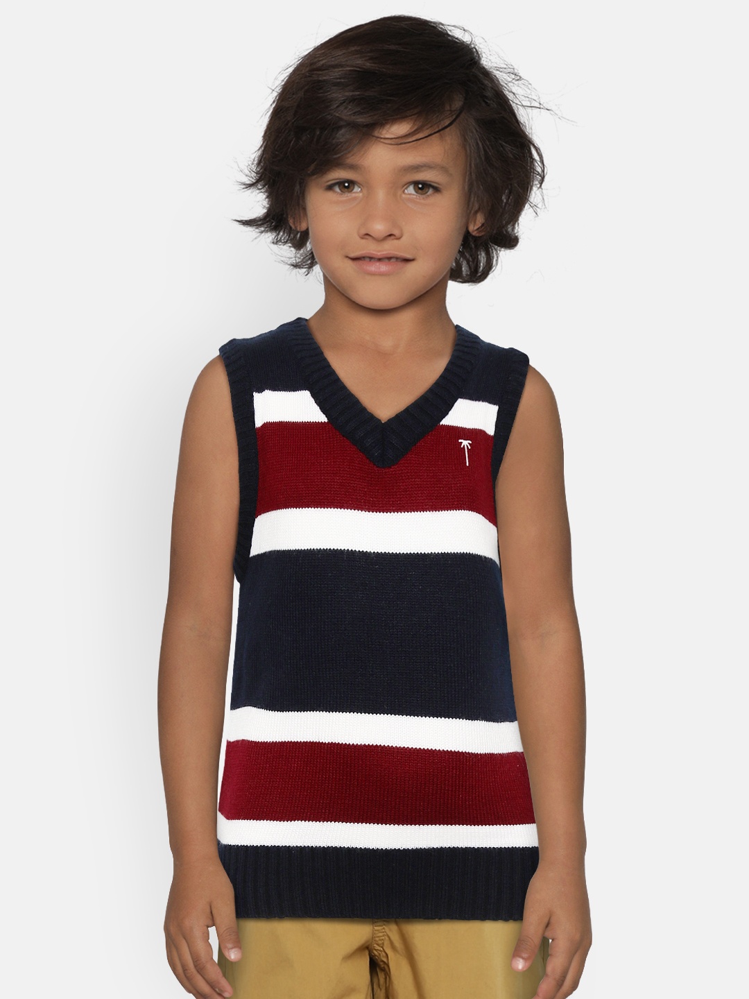 

Palm Tree Boys Navy Blue & Maroon Striped Sweater Vest