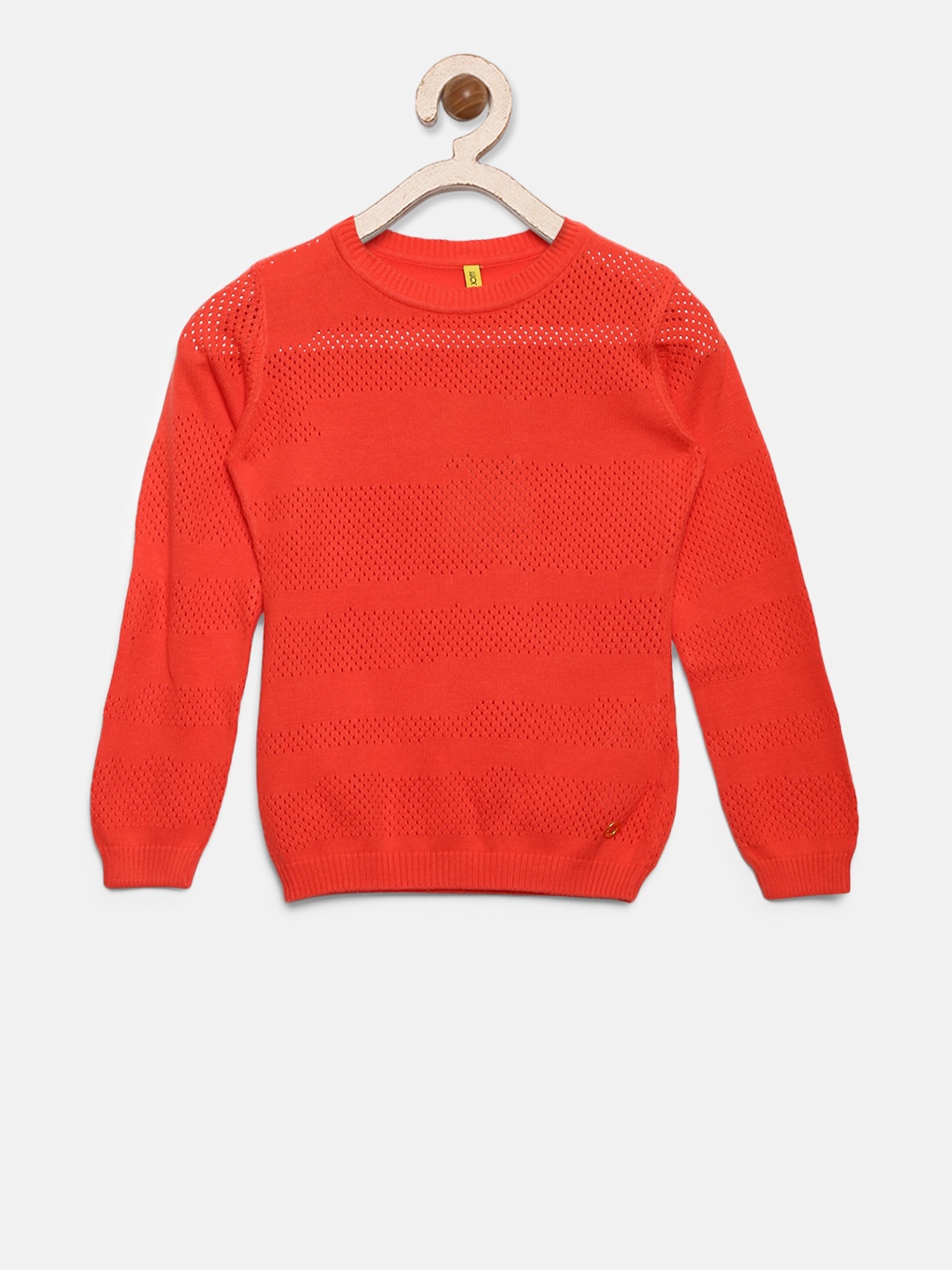 

Gini and Jony Girls Coral Orange Open Knit Self Design Pullover