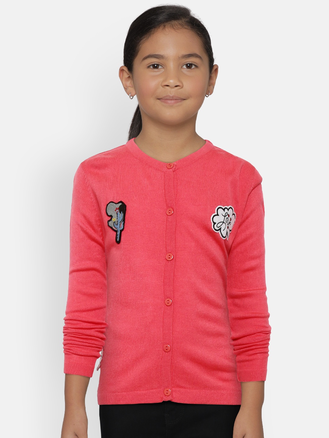 

Gini and Jony Girls Pink Solid Cardigan with Applique Detail