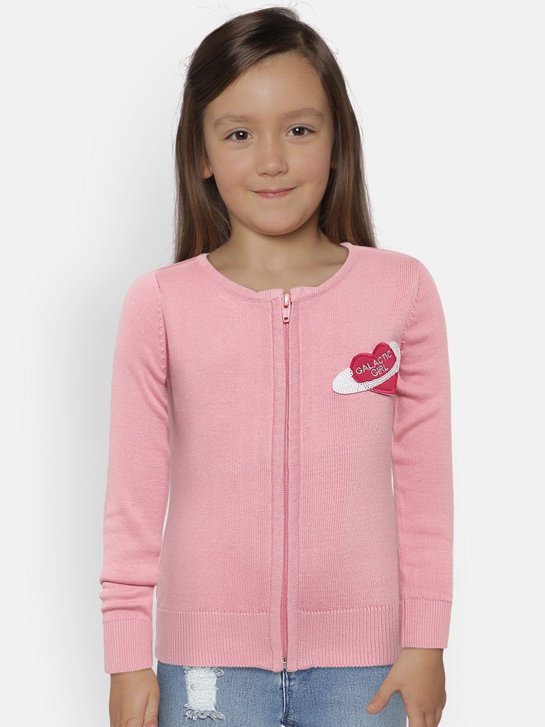 

Palm Tree Girls Pink Printed Back Cardigan with Applique Detail