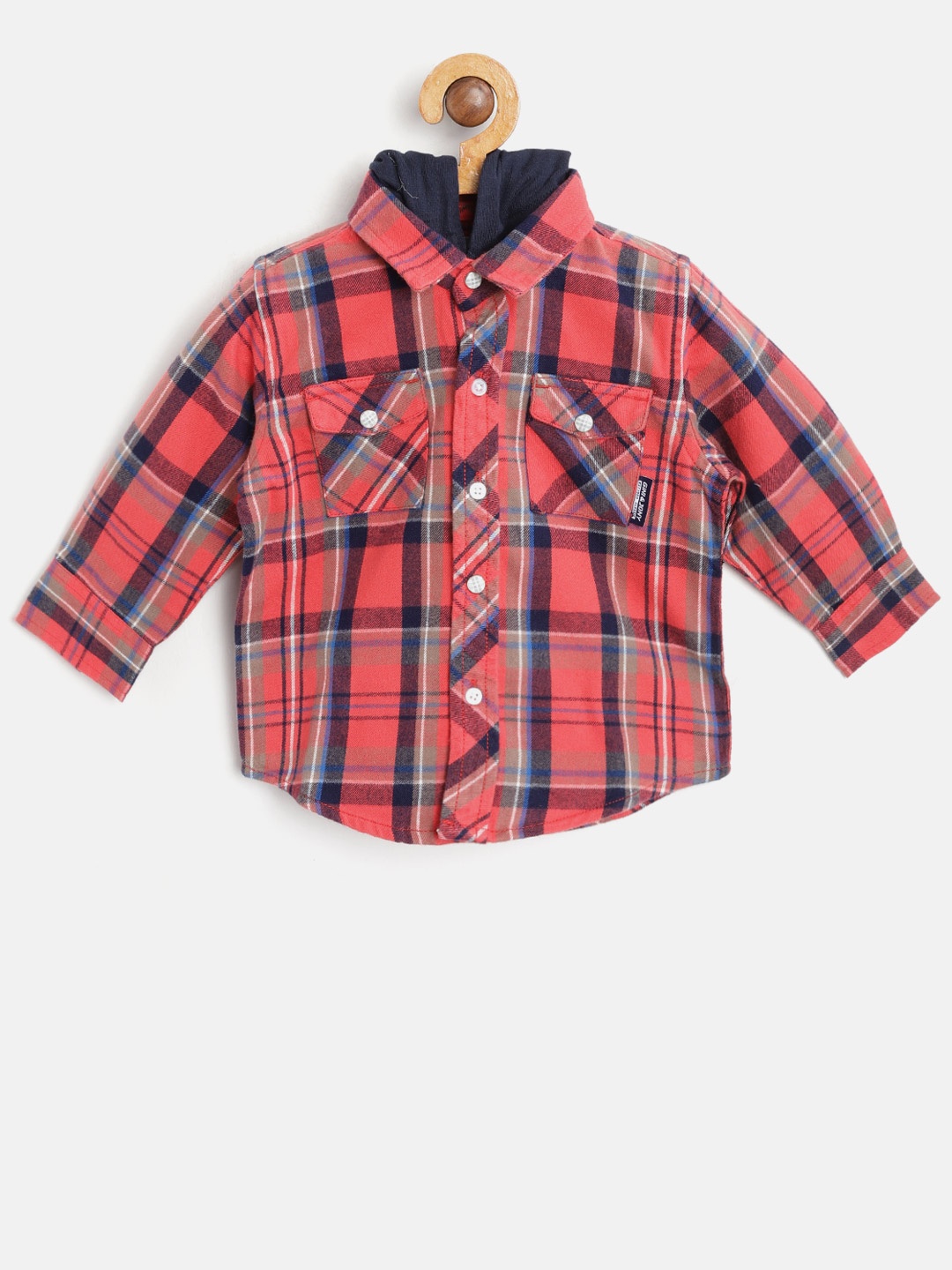 

Gini and Jony Boys Coral Red & Navy Checked Casual Shirt with Detachable Hood