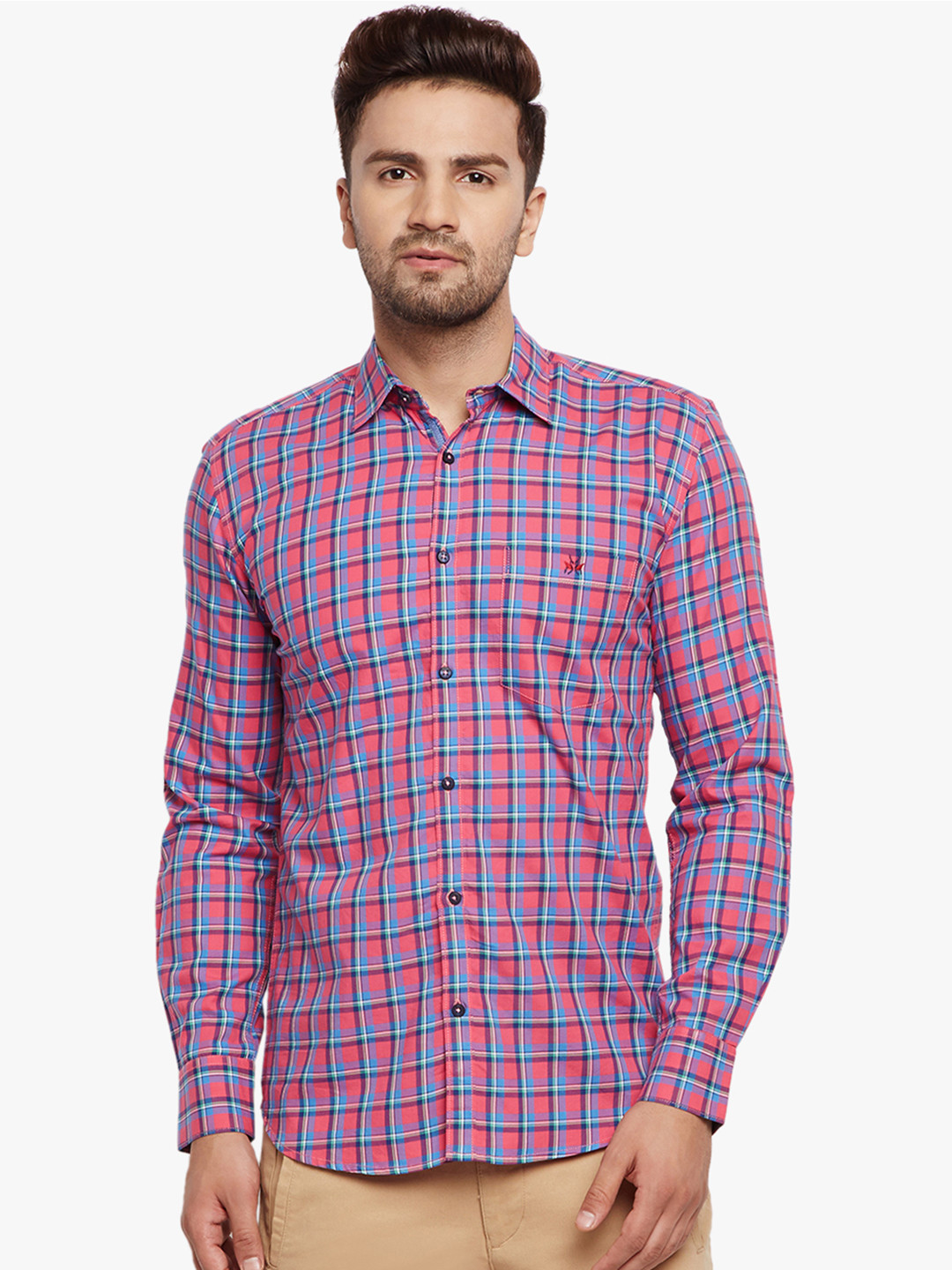 

Crimsoune Club Men Pink & Blue Slim Fit Checked Casual Shirt