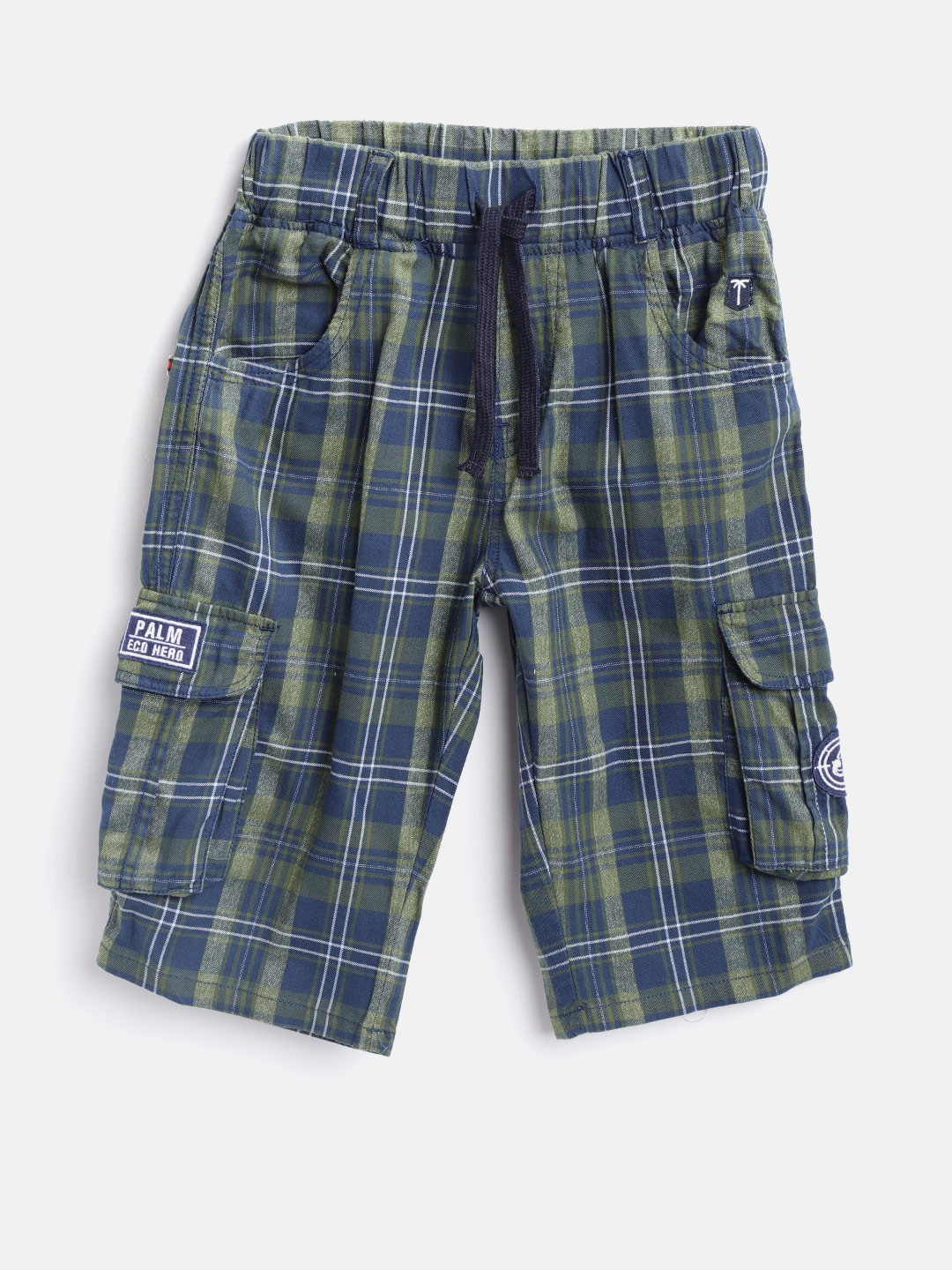 

Palm Tree Boys Green & Navy Checked Three-Fourth Regular Fit Cargo Shorts