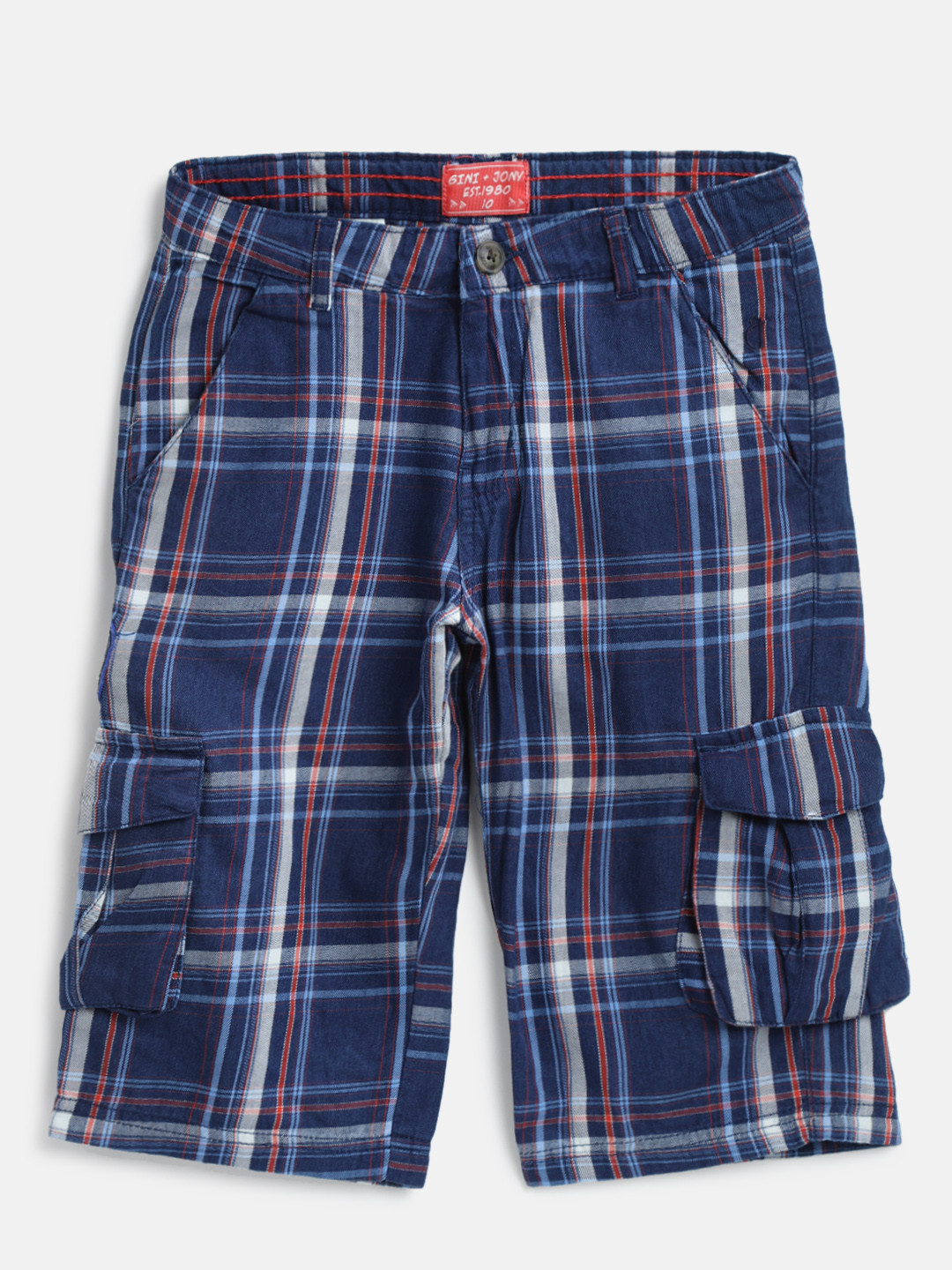 

Gini and Jony Boys Navy Blue & Off-White Checked Regular Shorts