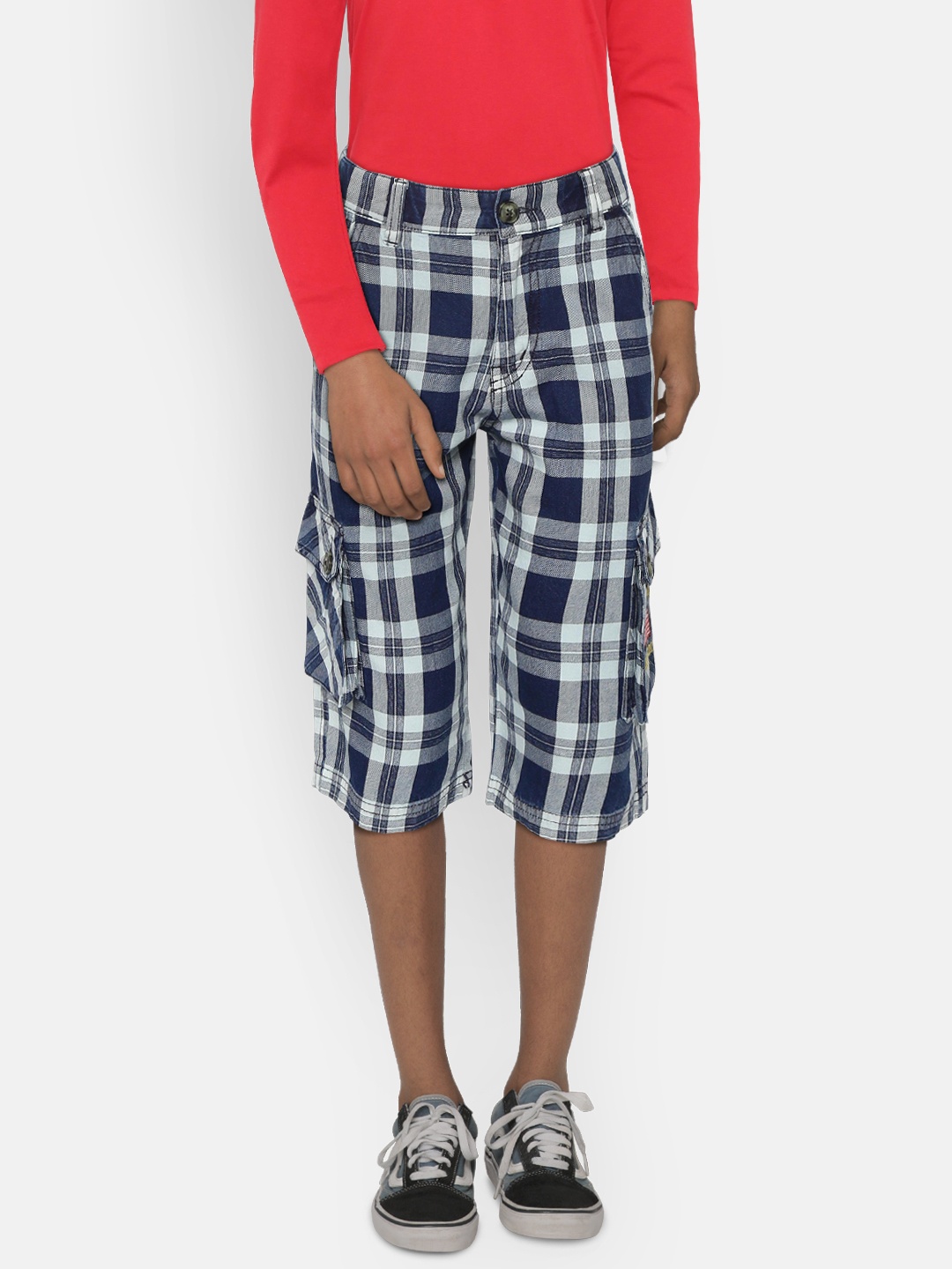 

Gini and Jony Boys Navy Blue & Grey Checked Regular Fit Cargo Shorts