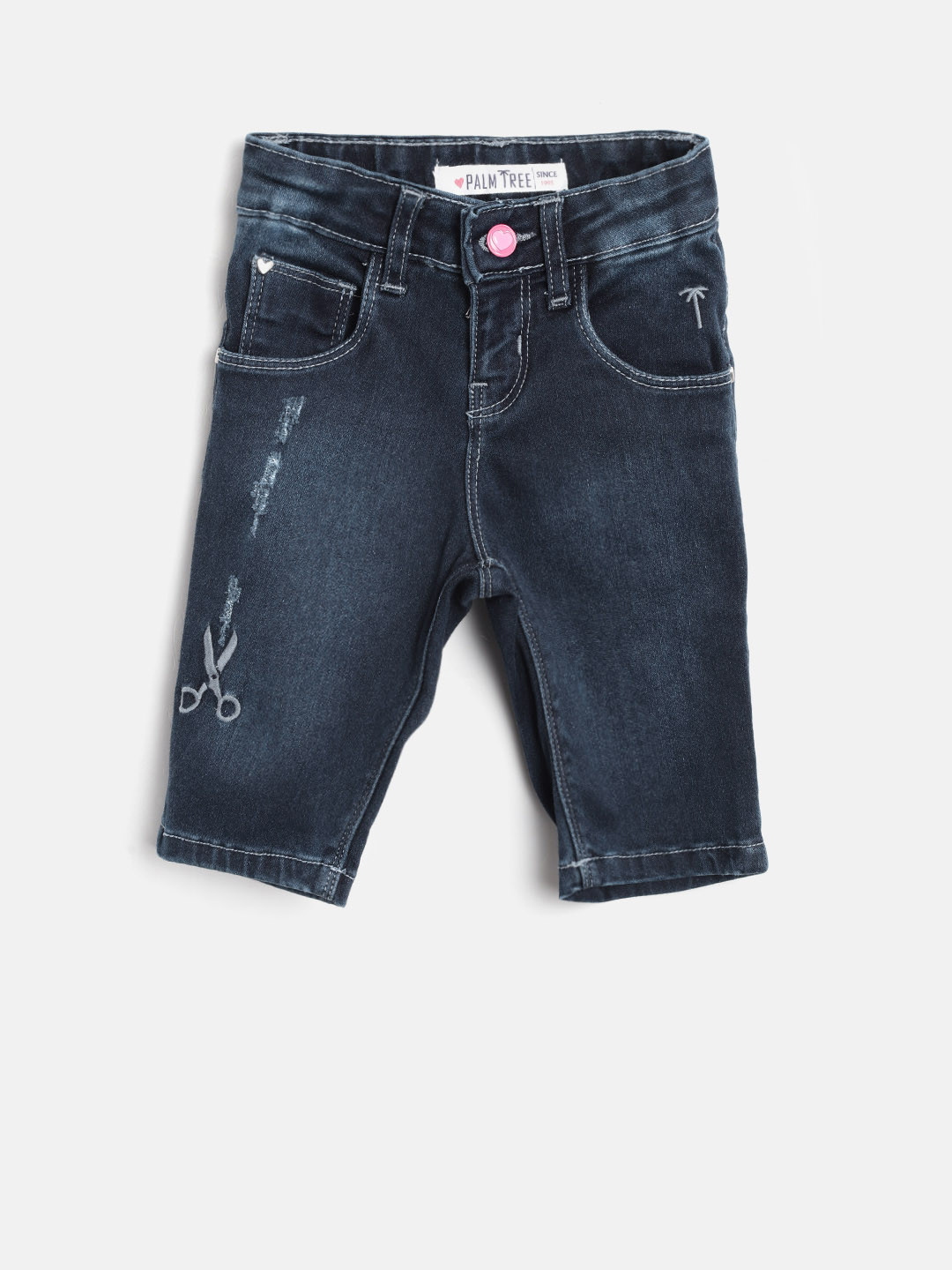 

Palm Tree Girls Navy Blue Washed Regular Fit Denim Capris