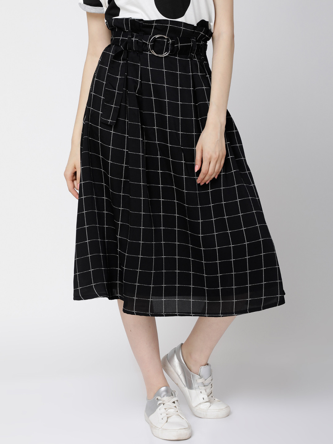 

Tokyo Talkies Women Black Checked A-Line Midi Skirt