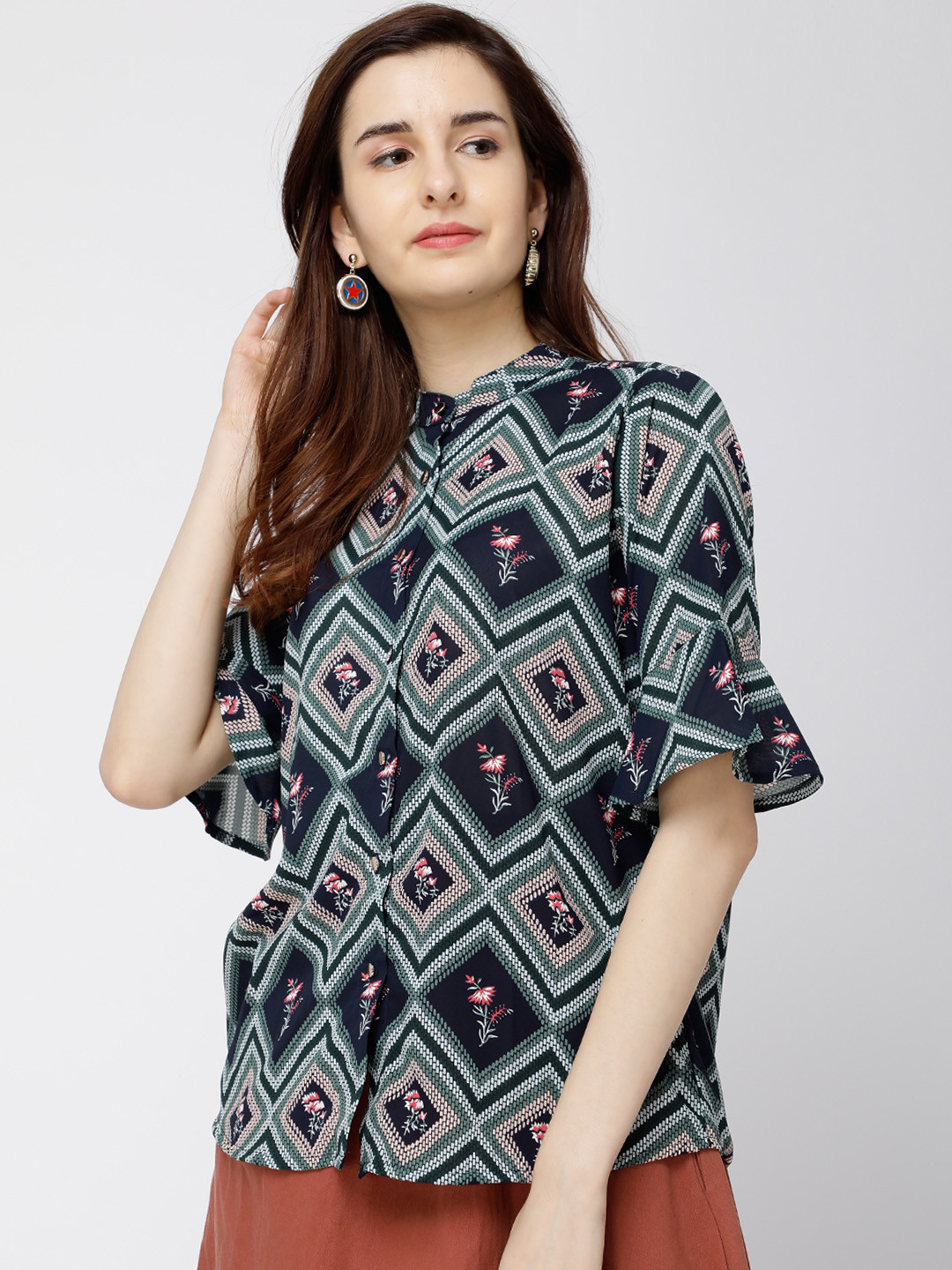 

Tokyo Talkies Women Navy Blue Printed Shirt Style Top