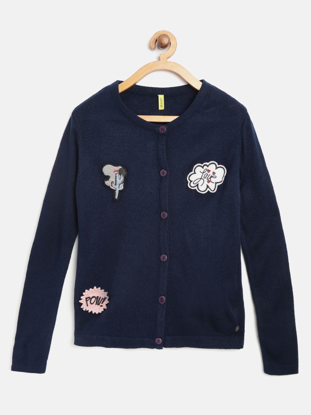 

Gini and Jony Girls Navy Blue Solid Cardigan with Applique Detail