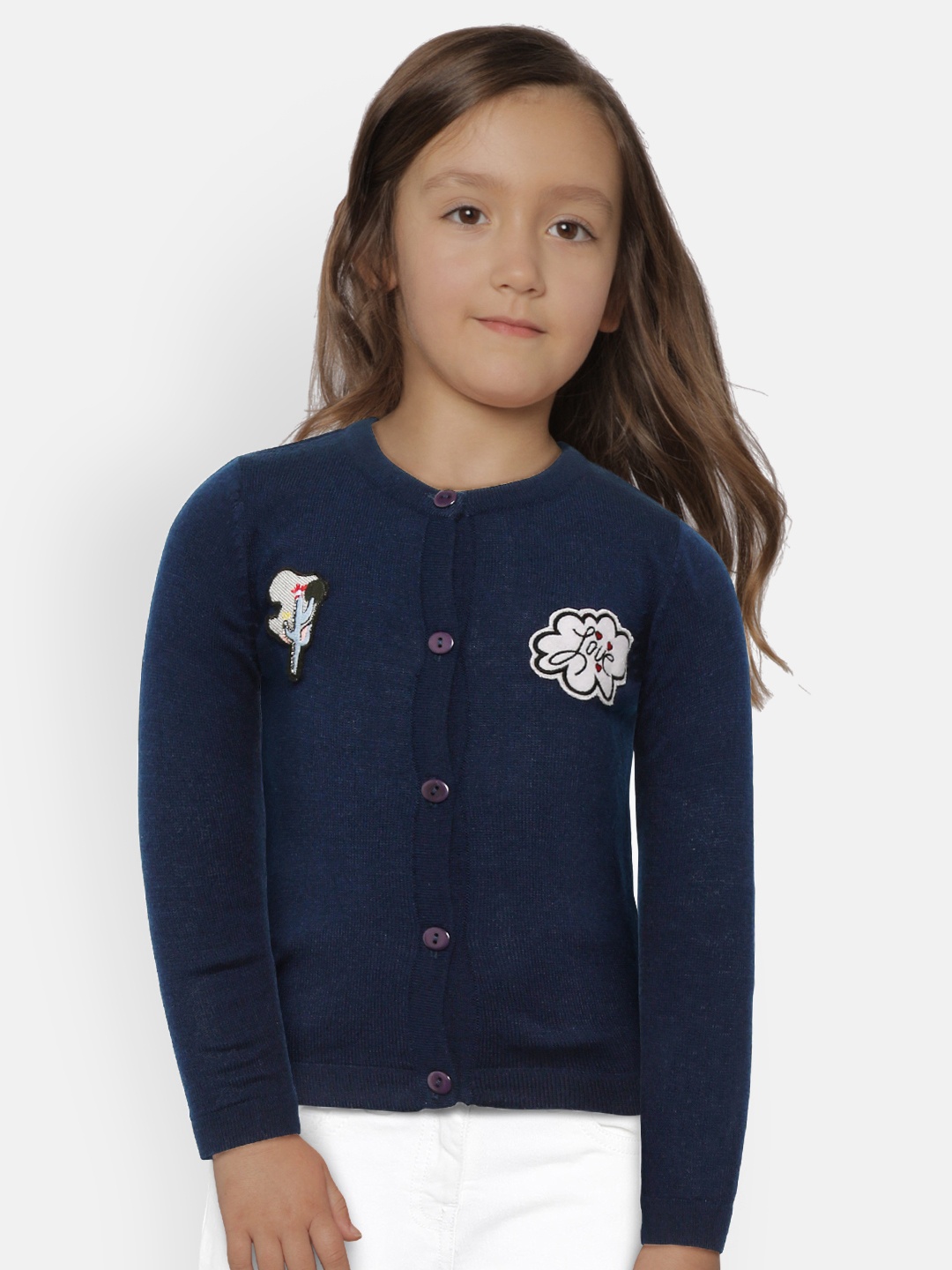 

Gini and Jony Girls Navy Blue Solid Cardigan with Applique Detail