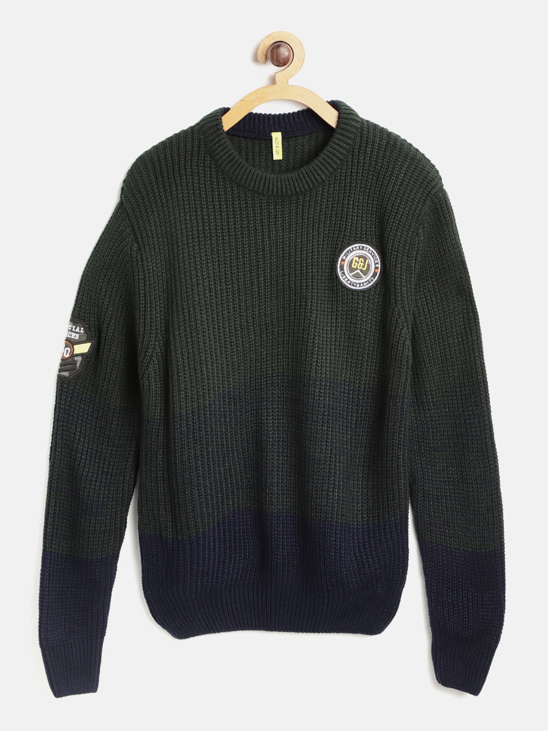 

Gini and Jony Boys Green & Navy Blue Ribbed Colourblocked Pullover