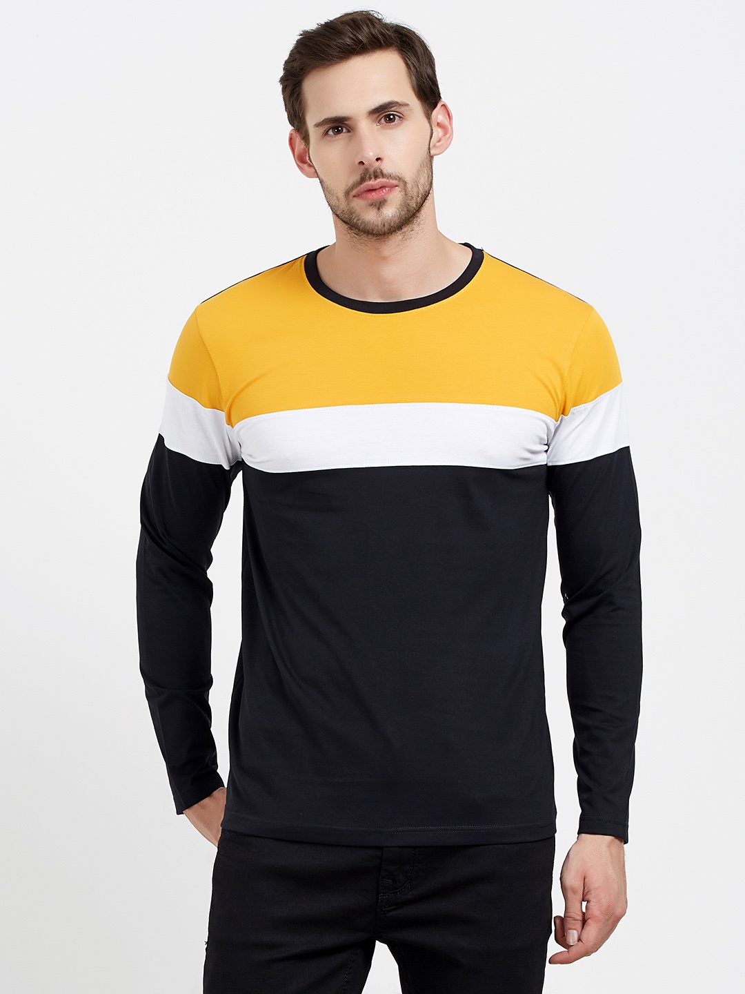 

Maniac Men Black & Yellow Colourblocked Round Neck T-shirt