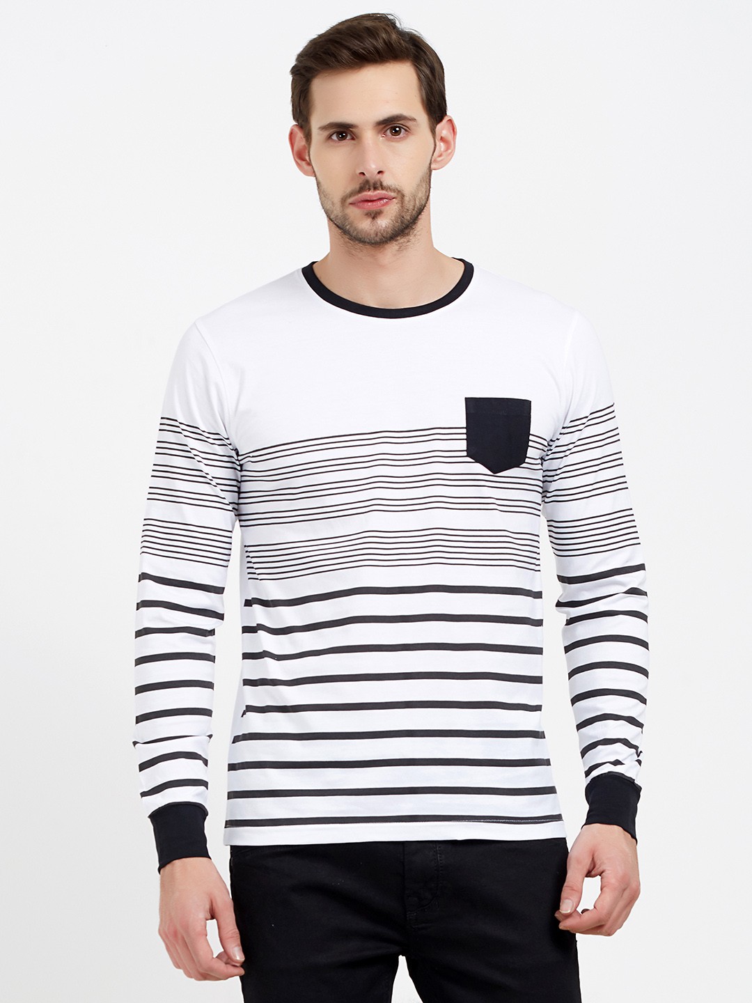 

Maniac Men White & Black Striped Round Neck T-shirt