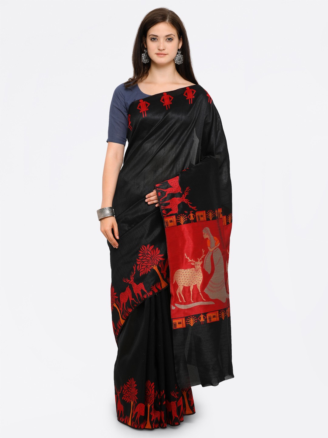 

Sugathari Black & Red Jute Silk Woven Design Maheshwari Saree