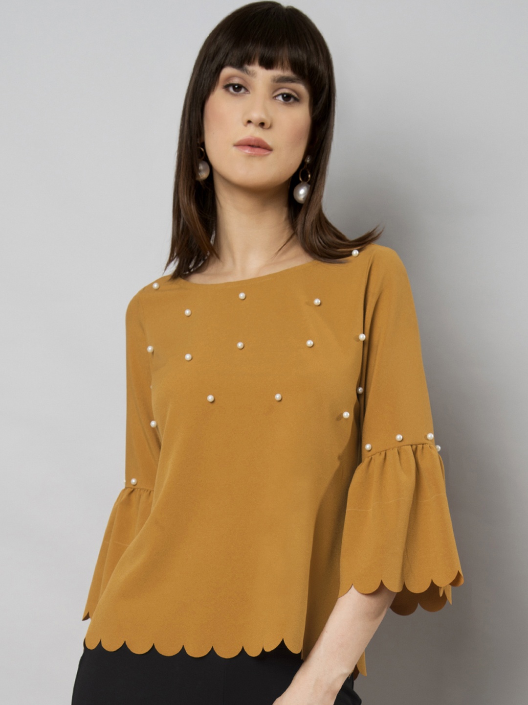 

FabAlley Women Mustard Embellished A-Line Top