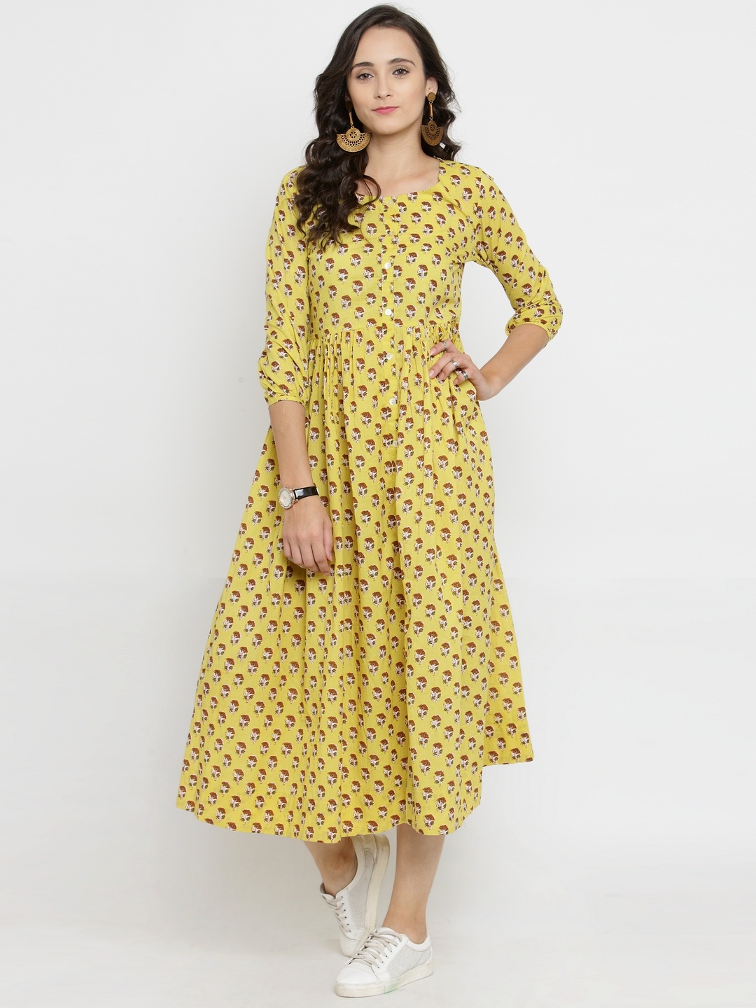 

Varanga Women Yellow Printed Fit and Flare Dress