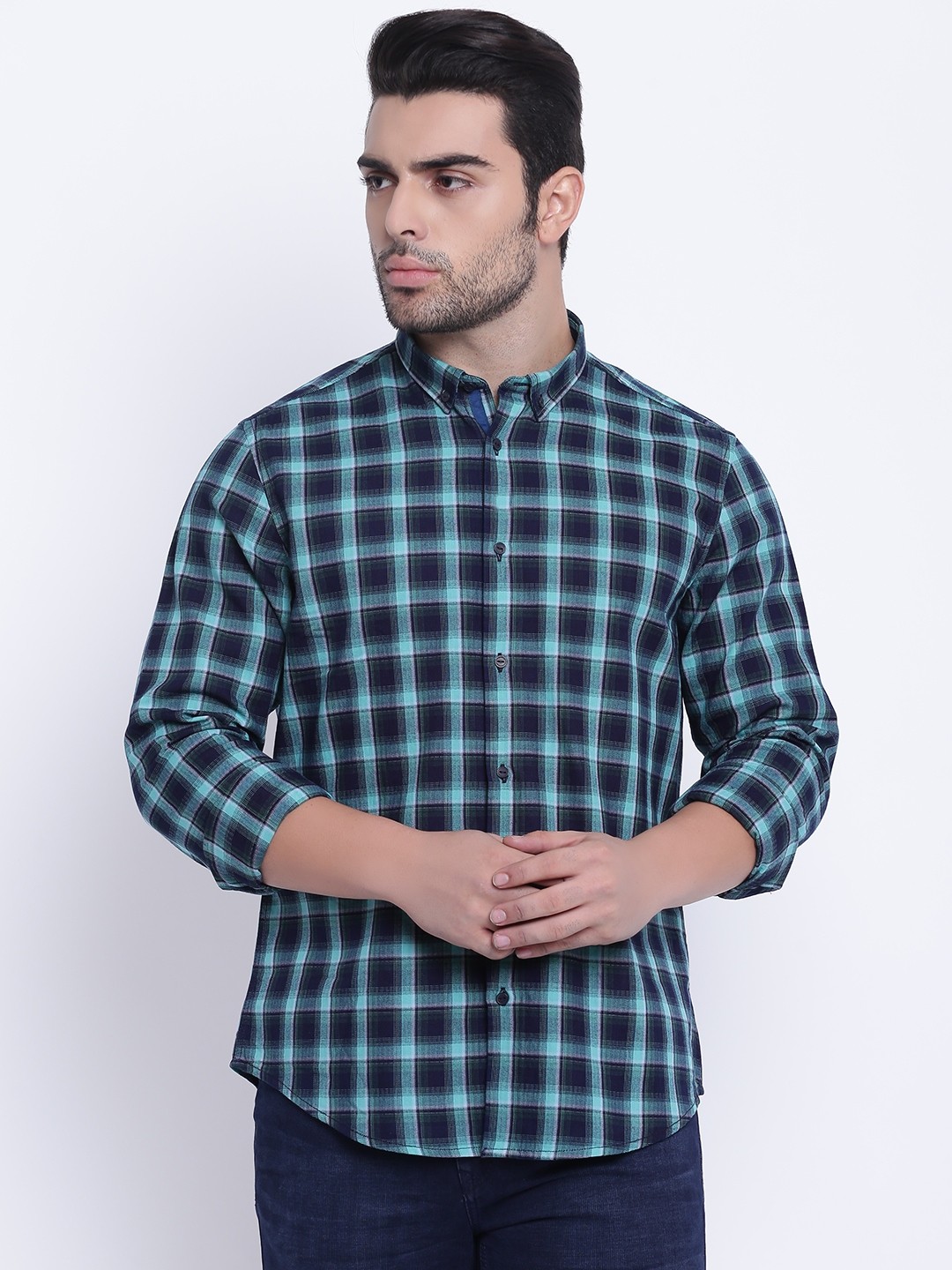 

Blackberrys Men Navy Blue & Green Slim Fit Checked Casual Shirt