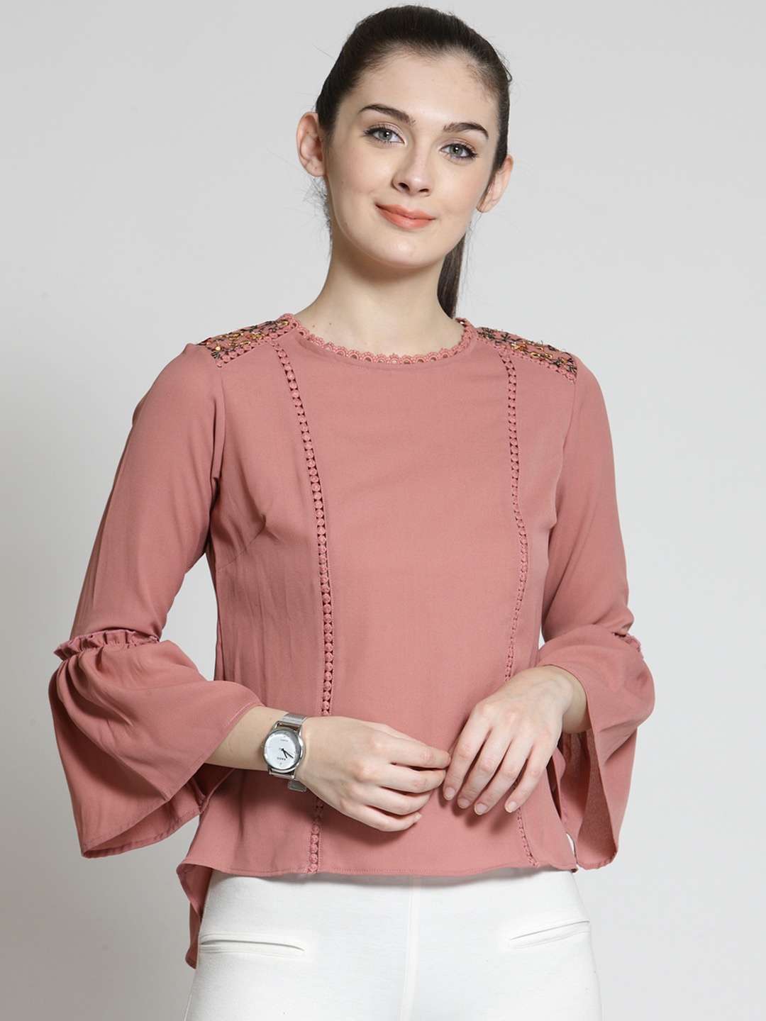 

plusS Studio Rose Applique Top With Bell Sleeves, Pink