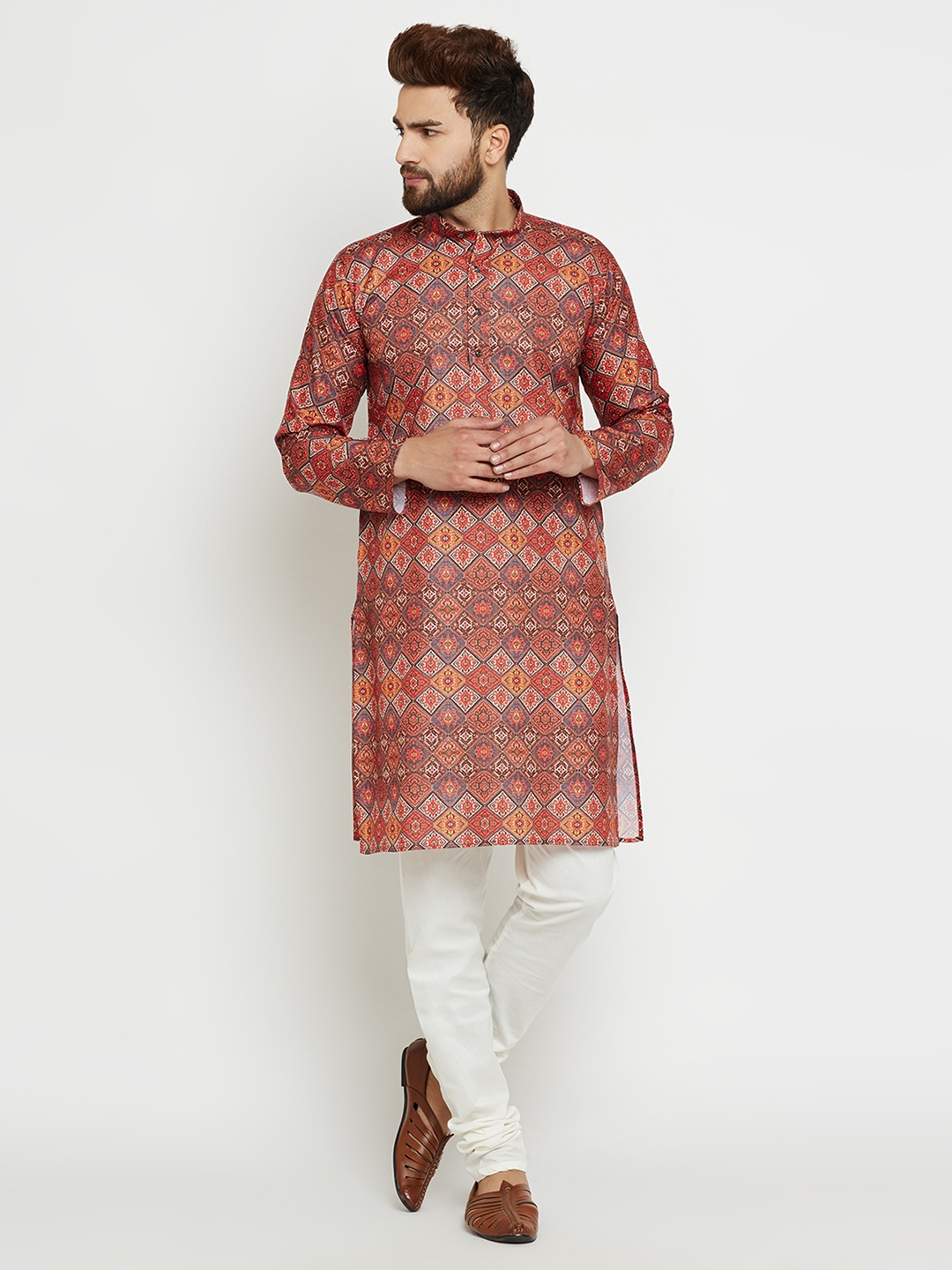 

SOJANYA Men Orange & Blue Printed Straight Kurta