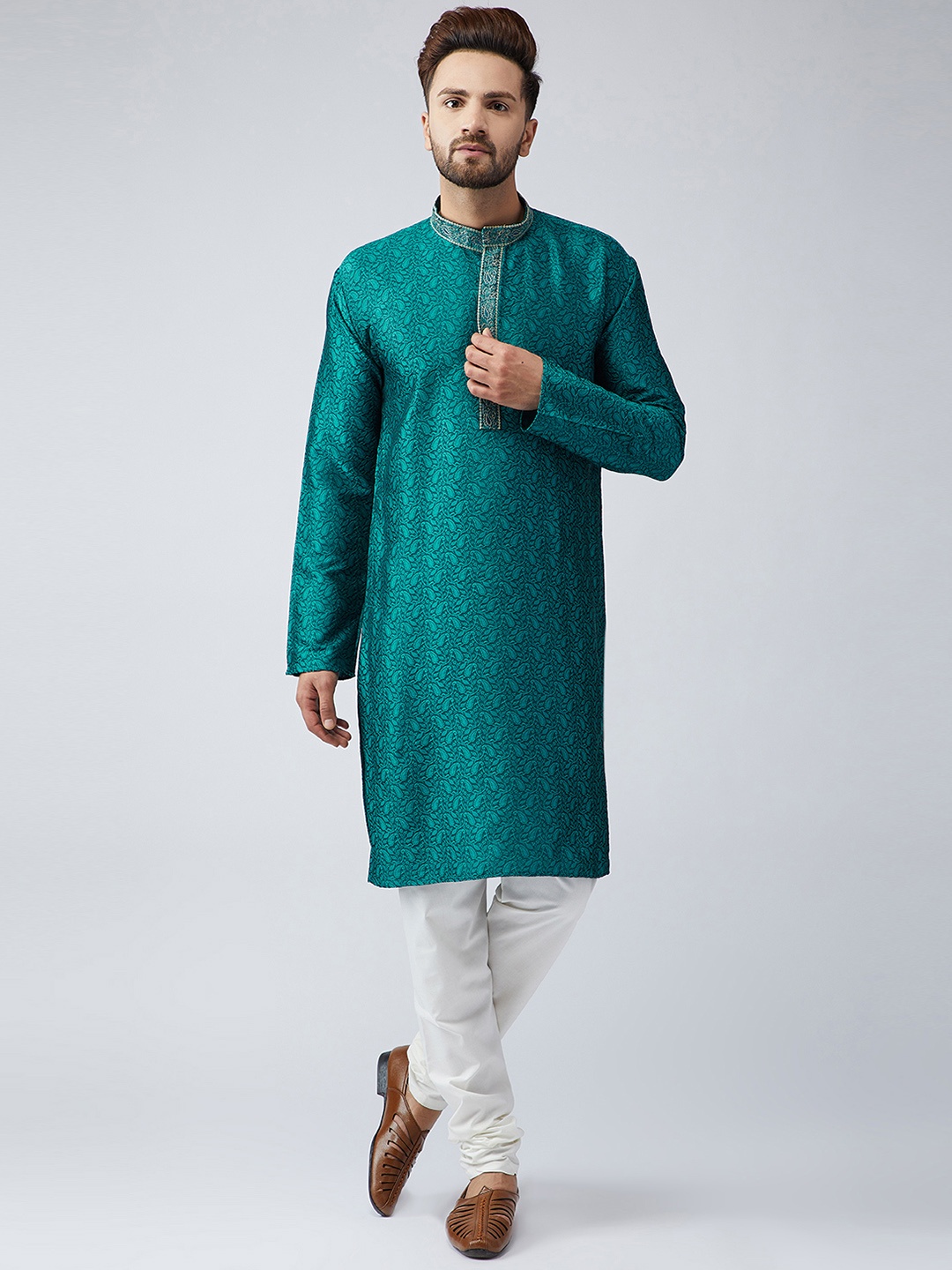 

SOJANYA Men Sea Green Woven Design Straight Kurta